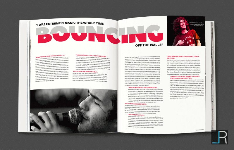 From The Ouside Double-Page Spread: Slicing and juxtaposing the pull quote, while using a serious greyscale and happy vibrant pink photo of the frontman to represent shifting emotions of bi-polar disorder